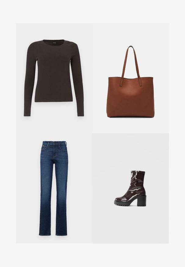 Pruun, pikkade varrukatega ribaga särk, millel on ümar kaelus. Valmistatud siledast, venivast materjalist, omades formatiivset siluetti ja minimaalset dekoratiivsust.; Tumed sinine denimist teksad, mis on istuva talje, sirge jala disainiga, viie tasku stiilis ja peene õmbluse detailiga. Klassikaline nööpidega sulgur.; Klakav läikiv burgundi värvi pahkluu saabas, millel on paks must konts, sile tekstuur ja lihtne disain. Nähtavad kinnitused või mustrid puuduvad.; Pruun nahast tote-kott, millel on sile tekstuur, avatud ülaosa disain ja kaks õlarihma. Omab minimaalset õmblust ja nähtavat riistvara ei ole.