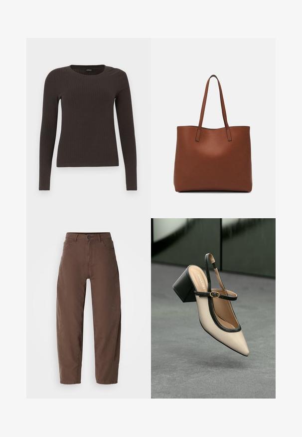 Brown, long-sleeve ribbed top with a crew neckline. Made from a smooth, stretchy material, featuring a fitted silhouette and minimal detailing.; Brown straight-leg pants with front button and zipper, belt loops, and side pockets, displayed on a white background.; Beige pointed-toe slingback shoe with black trim, gold buckle, and a chunky block heel on gray floor with dark green background.; Brown leather tote bag with a smooth texture, open top design, and two shoulder straps. Features minimal stitching and no visible hardware.