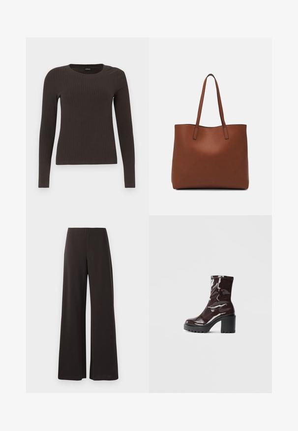 Brown, long-sleeve ribbed top with a crew neckline. Made from a smooth, stretchy material, featuring a fitted silhouette and minimal detailing.; Black wide-leg trousers made of smooth, stretchy fabric. Features a high waistband and a clean, minimalist design with no visible fastenings.; Glossy burgundy ankle boot with a chunky black heel, featuring a smooth texture and simple design. No visible fastenings or patterns.; Brown leather tote bag with a smooth texture, open top design, and two shoulder straps. Features minimal stitching and no visible hardware.