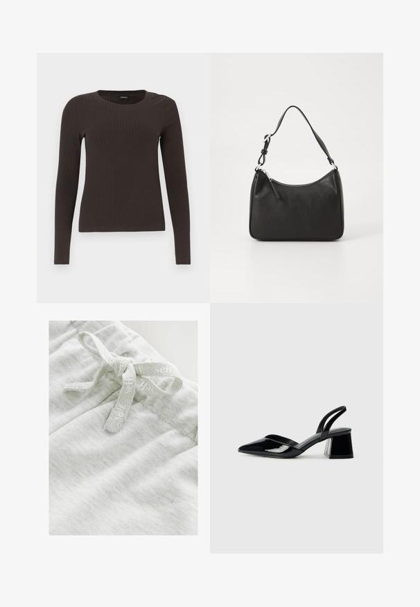 Smeđa, dugokraga, rebrasta majica s dugim rukavima. Izrađena od glatkog, rastezljivog materijala, s prikladnim krojem bez mnogo detalja.; Svijetlosiva tkanina s mekanom teksturom, s detaljem leptir-mašne od usklađene teksturirane trake na pojasu.; Crne lakirane kožne sandale s otvorenom petom i špicastim vrhom, s geometrijskom blok petom. Imaju elegantan, minimalistički dizajn i glatku teksturu.; Crna kožna torba s zakrivljenim oblikom, jednim remenom, zatvaranjem na patentni zatvarač i suptilnim brendiranjem sprijeda. Glatka tekstura, minimalistički dizajn.