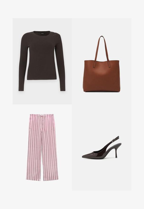 Hnedý, dlhý rukáv, rebrovaný top s okrúhlym výstrihom. Vyrobený z hladkého, elastického materiálu, s priliehavým strihom a minimálnym zdobením.; Ružové pruhované nohavice s širokými nohavicami a čierno-sivými vertikálnymi pruhmi. Vyrobené z ľahkého materiálu, so elastickým pásom pre pohodlie.; Slingback vysoké opätky v lesklej tmavohnedej lakovej koži, so špicatou špičkou, otvorenými stranami a nastaviteľným remienkom na členku.; Hnedá kožená taška na rameno s hladkou textúrou, otvoreným vrchom a dvoma ramenými popruhmi. Má minimálne šitia a žiadne viditeľné kovania.