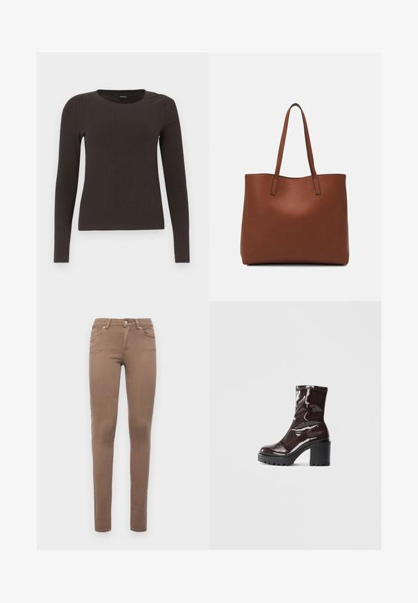 Un haut marron à manches longues en rib avec un col rond. Fabriqué dans un matériau lisse et extensible, il présente une silhouette ajustée et un minimum de détails.; Jeans skinny marron en tissu mélangé coton. Comprend cinq poches, des passants de ceinture et une fermeture à bouton devant. Texture lisse.; Bottines bordeaux brillantes à talon épais noir, avec une texture lisse et un design simple. Aucune fermeture visible ni motifs.; Sac fourre-tout en cuir marron avec une texture lisse, design à ouverture supérieure et deux poignées pour le porter à l'épaule. Présente des coutures minimales et aucun matériel visible.