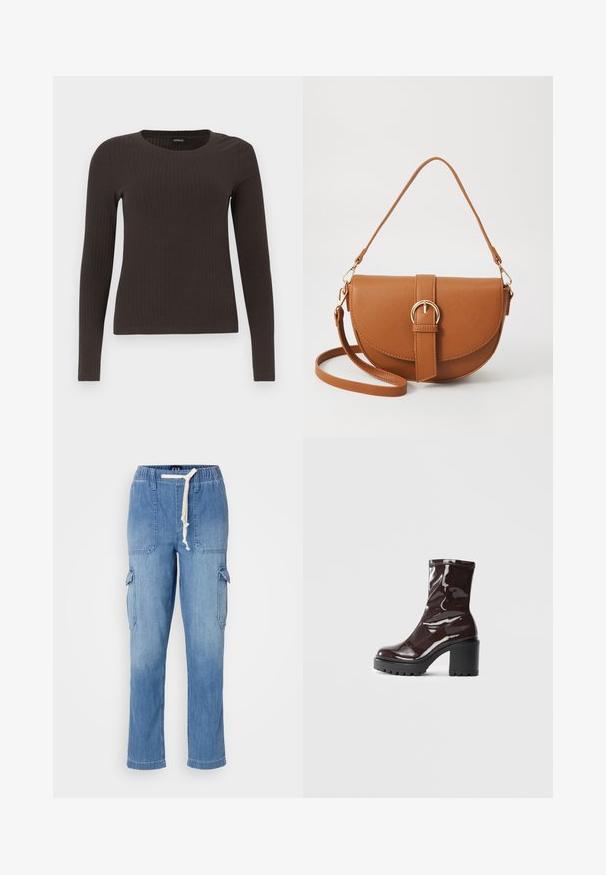 Rjav, dolgosleeve rebrasti zgornji del s krožnim izrezom. Narejen iz gladkega, raztegljivega materiala, z oprijetim silhuetom in minimalnimi detajli.; Svetlo modri denim hlače s cargo stilom, z elastičnim pasom, vrvico, stranskimi žepi in nalepnimi žepi na stegnih.; Sijajan škrlatank z bleščečim videzom, z masivnim črnim peto, ki se ponaša z gladko teksturo in preprostim dizajnom. Brez vidnih zapenjal ali vzorcev.; Rjava usnjena torbica prek telesa s ukrivljeno obliko, zlate opreme in sponko. Ima odstranljiv naramni trak.