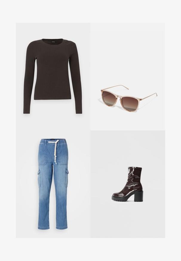 Hnědý, dlouhý rukáv, žebrovaný top s kulatým výstřihem. Vyrobeno z hladkého, elastického materiálu, s přiléhavým střihem a minimálním zdobením.; Světle modré denimové cargo kalhoty s elastickým páskem, stahovací šňůrkou, bočními kapsami a náprsními kapsami na stehnech.; Lesklá bordó kotníková bota s masivním černým podpatkem, se hladkým povrchem a jednoduchým designem. Žádné viditelné zapínání ani vzory.; Hnědé sluneční brýle s gradientem, s průhledným růžovým rámem, čtvercovým tvarem a tenkými kovovými nohami. Charakterizovány zaoblenými hranami a minimálním zdobením.