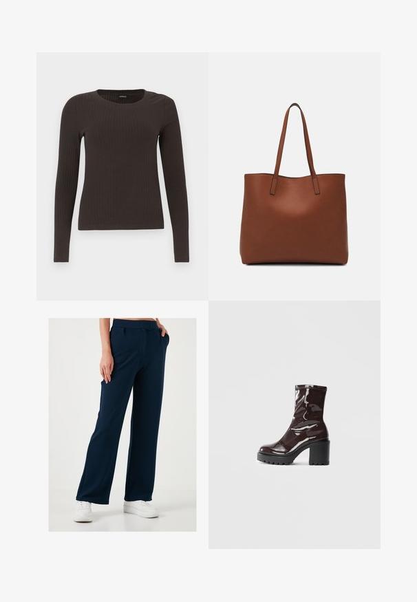 Rudas, su ilgomis rankovėmis, grioveliais dekoruotas viršus su apvaliu iškirpimu. Pagamintas iš lygaus, elastingo audinio, su prigludusia siluetu ir minimaliais akcentais.; Tamsiai mėlynos plačios kojų kelnės iš minkštos, elastingos medžiagos, su raišteliu juosmenyje ir šoninėmis kišenėmis, derinamos su baltomis sportinėmis bateliais.; Blizgus burgundių spalvos kulknapis su tankiu juodu kulnu, pasižymintis lygiu paviršiumi ir paprastu dizainu. Nėra matomų užsegimų ar raštų.; Ruda odinė priekabų krepšys su glotnia tekstūra, atviru viršumi ir dviem petnešomis. Su minimalia siuvimo detalėmis ir nematoma aparatūra.