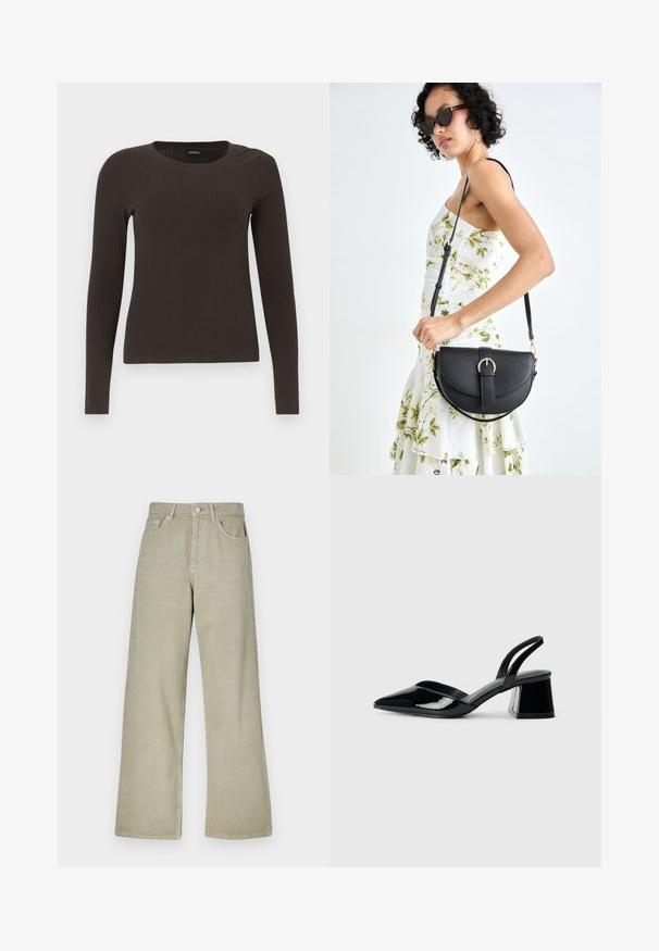 Brūns, garām piedurknēm ribots tops ar apaļu kakla izgriezumu. Izgatavots no gludas, elastīgas materiāla, ar pieguļošu siluetu un minimālu apdari.; Kaki platās kājas džinsi, izgatavoti no kokvilnas maisījuma. Iekļauj pogu aizdari, piecas kabatas un tīru, teksturētu auduma apdari.; Melna lakota āda ar atvērto papēdi, ar smailu purngalu un ģeometrisku blokpapēdi. Iezīmējas elegants, minimāls dizains un gluda tekstūra.; Melnas ādas rokassoma ar izliekta formu, noņemamu siksnu un zelta aksesuāriem. Somai ir vāciņš ar sprādzes detaļu.