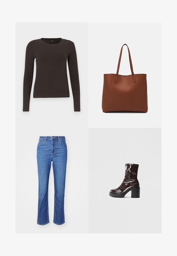 Top castanho de manga longa em malha com decote redondo. Feito de um material suave e elástico, apresentando um silhueta ajustada e detalhes mínimos.; Jeans de ganga azuis com um design de perna reta, apresentando cinco bolsos e um fecho de botão. O tecido tem um padrão desbotado sutil.; Bota de tornozelo burgundy brilhante com um salto preto robusto, apresentando uma textura suave e um design simples. Sem fechos ou padrões visíveis.; Bolsa tote de couro castanho com uma textura suave, design de abertura superior e duas alças para o ombro. Apresenta costura mínima e sem hardware visível.