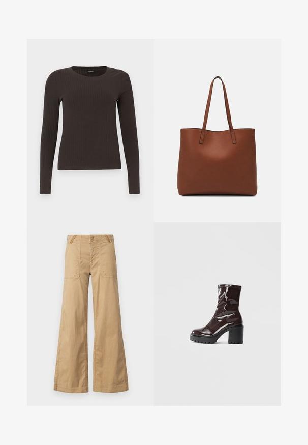 Rjav, dolgosleeve rebrasti zgornji del s krožnim izrezom. Narejen iz gladkega, raztegljivega materiala, z oprijetim silhuetom in minimalnimi detajli.; Bež široke hlače iz bombaža z dvema sprednjima žepoma, dvema gumboma na pasu in preprostim dizajnom.; Sijajan škrlatank z bleščečim videzom, z masivnim črnim peto, ki se ponaša z gladko teksturo in preprostim dizajnom. Brez vidnih zapenjal ali vzorcev.; Rjava usnjena torba z gladko teksturo, odprto zasnovo zgoraj in dvema naramnima trakovoma. Opremljena je z minimalnim šivanjem in brez vidnih kovinskih delov.