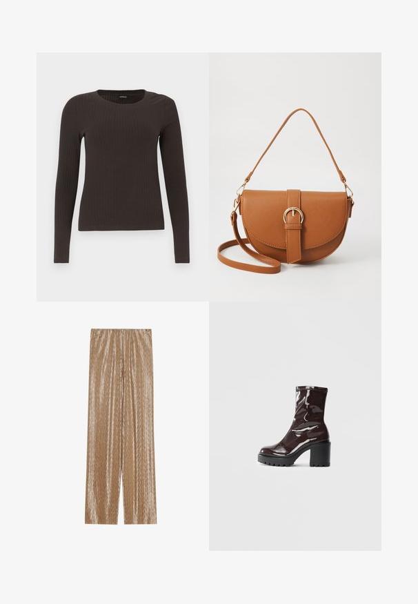 Brązowa, dzianinowa bluzka z długim rękawem i okrągłym dekoltem. Wykonana z gładkiego, elastycznego materiału, z dopasowanym krojem i minimalnymi detalami.; Jasnobrązowe spodnie w kant uszyte z błyszczącego materiału, z teksturowanym wzorem w zygzak i elastycznym paskiem w talii dla wygody.; Błyszczące bordowe botki za kostkę z masywną czarną obcasem, charakteryzujące się gładką teksturą i prostym wzornictwem. Brak widocznych zapięć lub wzorów.; Brązowa skórzana torba na ramię o zaokrąglonym kształcie, ze złotymi akcentami i zapięciem w formie klamry. Posiada odpinany pasek na ramię.