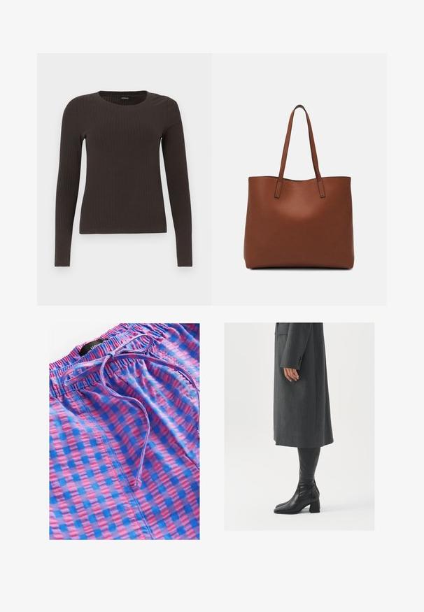 Brown, long-sleeve ribbed top with a crew neckline. Made from a smooth, stretchy material, featuring a fitted silhouette and minimal detailing.; Next PULL ON GINGHAM - Trousers - blue pink; Gray, tailored overcoat with a straight cut; paired with knee-high black leather boots featuring a square toe and chunky heel.; Brown leather tote bag with a smooth texture, open top design, and two shoulder straps. Features minimal stitching and no visible hardware.