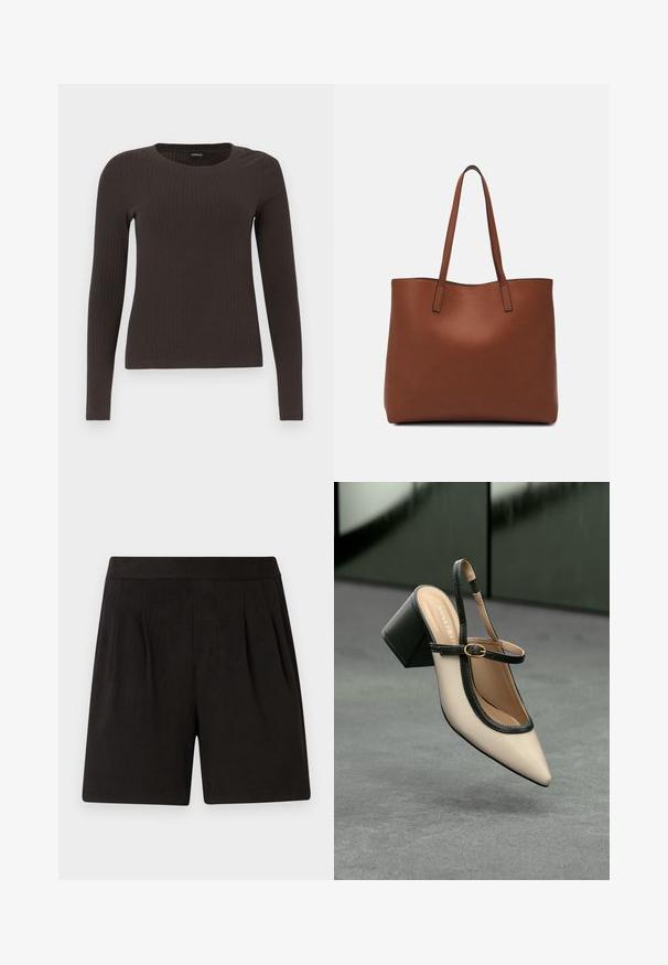 Brun, langermet ribbestrikket topp med rund hals. Laget av et glatt, elastisk materiale, med en tettsittende silhuett og minimalt med detaljer.; Sorte shorts laget av myk stoff, med en glatt tekstur, elastisk midjebånd og plisserte frontdesign. Enkle og udekorerte.; Beige spiss tå slingback sko med svart kant, gullspenne og tykk blokkheel på grått gulv med mørkegrønn bakgrunn.; Brun lær tote veske med en jevn tekstur, åpen toppdesign og to skulderstropper. Har minimal søm og ingen synlige spiker.