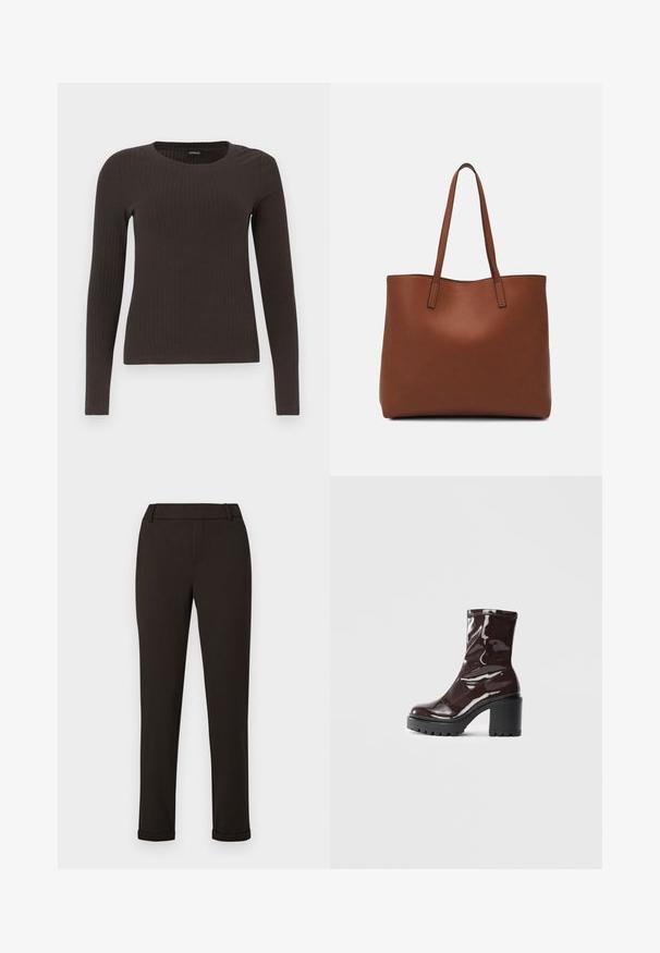 Smeđa, dugokraga, rebrasta majica s dugim rukavima. Izrađena od glatkog, rastezljivog materijala, s prikladnim krojem bez mnogo detalja.; Crne uske hlače s petljama za pojas i manžetama na jednostavnoj bijeloj pozadini.; Sjajna burgundska čizma do gležnja s debelim crnim potplatom, koja se odlikuje glatkom teksturom i jednostavnim dizajnom. Nema vidljivih kopčanja ili uzoraka.; Smeđa kožna torba preko ramena s glatkom teksturom, otvorenim vrhom i dvjema naramenicama. Ima minimalne šavove i nema vidljivog hardvera.