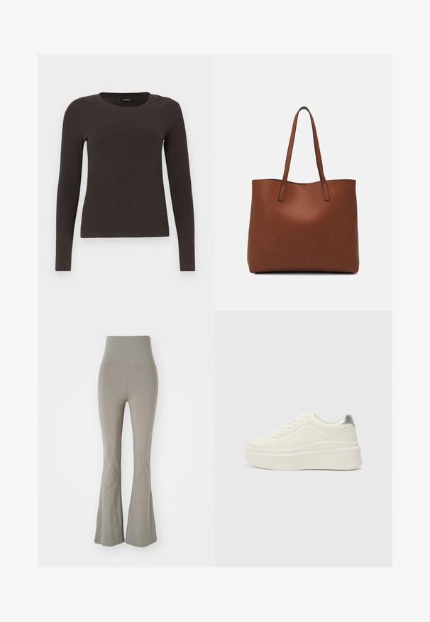 Pruun, pikkade varrukatega ribaga särk, millel on ümar kaelus. Valmistatud siledast, venivast materjalist, omades formatiivset siluetti ja minimaalset dekoratiivsust.; Kõrge talje ja laineriidega retuusid heledast hallist kangast. Omavad siledat tekstuuri ja venitatavat, keha järgi sobivat disaini. Nähtavat riistvara ei ole.; Even&Odd Wide Fit Tossud - white/silver-coloured; Pruun nahast tote-kott, millel on sile tekstuur, avatud ülaosa disain ja kaks õlarihma. Omab minimaalset õmblust ja nähtavat riistvara ei ole.