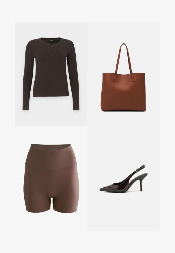 Brūns, garām piedurknēm ribots tops ar apaļu kakla izgriezumu. Izgatavots no gludas, elastīgas materiāla, ar pieguļošu siluetu un minimālu apdari.; aim’n® SHAPE SEAMLESS - Šorti - brown; Slingback augstpapēžu kurpe ar spīdīgu tumši brūnu lakotu ādu, ar norādītu purngalu, atvērtām pusēm un regulējamu potītes siksniņu.; Brūna ādas iepirkumu soma ar gludu tekstūru, atvērta augšdaļa un divas plecu siksnas. Izceļas ar minimālām šuvēm un redzamu aparatūru nav.