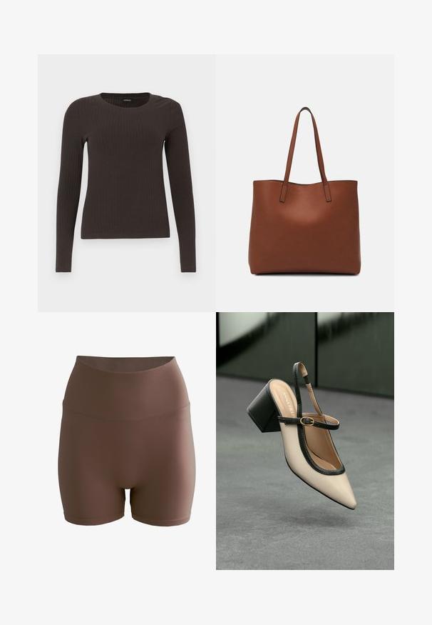 Brun långärmad ribbad topp med rundad halsringning. Tillverkad av ett mjukt, elastiskt material, med en figurnära silhuett och minimala detaljer.; aim’n® SHAPE SEAMLESS - Shorts - brown; Beige spetstoppad slingback-sko med svart kant, guldspänne och en kraftig blockklack på grått golv med mörkgrön bakgrund.; Brun läder tote-väska med en slät textur, öppen toppdesign och två axelremmar. Har minimal söm och ingen synlig metalldetalj.