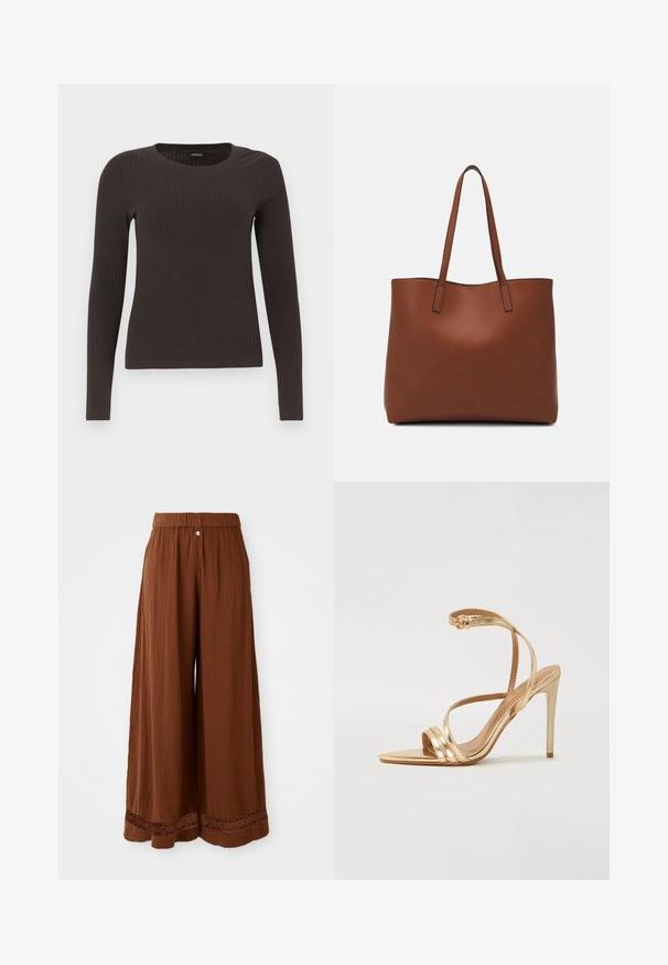 Brown, long-sleeve ribbed top with a crew neckline. Made from a smooth, stretchy material, featuring a fitted silhouette and minimal detailing.; Wide-leg brown trousers made from textured fabric, featuring a gathered waistband and lace detailing at the hem.; Even&Odd High heeled sandals - gold; Brown leather tote bag with a smooth texture, open top design, and two shoulder straps. Features minimal stitching and no visible hardware.