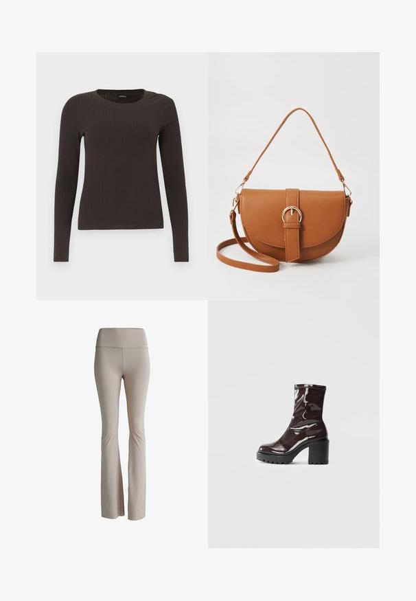 Brown, long-sleeve ribbed top with a crew neckline. Made from a smooth, stretchy material, featuring a fitted silhouette and minimal detailing.; Beige flared leggings made of stretchy material. High waistband with subtle branding. Smooth texture with no visible seams or patterns.; Glossy burgundy ankle boot with a chunky black heel, featuring a smooth texture and simple design. No visible fastenings or patterns.; Brown leather crossbody bag with a curved shape, gold hardware, and a buckle accent. Features a detachable shoulder strap.