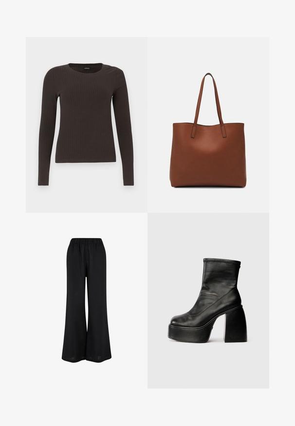 Brown, long-sleeve ribbed top with a crew neckline. Made from a smooth, stretchy material, featuring a fitted silhouette and minimal detailing.; Black wide-leg pants made from a lightweight fabric. Features an elastic waistband and floor-length, flowing design.; Black leather ankle boots with a rounded toe, smooth texture, and a prominent block heel. Features a side zipper. Minimalist design.; Brown leather tote bag with a smooth texture, open top design, and two shoulder straps. Features minimal stitching and no visible hardware.