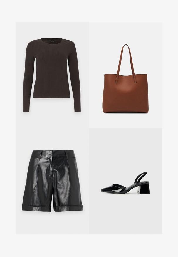 Rjav, dolgosleeve rebrasti zgornji del s krožnim izrezom. Narejen iz gladkega, raztegljivega materiala, z oprijetim silhuetom in minimalnimi detajli.; Črne usnjene kratke hlače z visokim sijajem, sprednjimi naborki in zavihanim robom. Elegantna zasnova z oblikovanim pasom in minimalno opremo.; Črne lakirane slingback pete s koničastim nosom in geometrijsko blokasto peto. Imajo eleganten, minimalističen dizajn in gladko teksturo.; Rjava usnjena torba z gladko teksturo, odprto zasnovo zgoraj in dvema naramnima trakovoma. Opremljena je z minimalnim šivanjem in brez vidnih kovinskih delov.