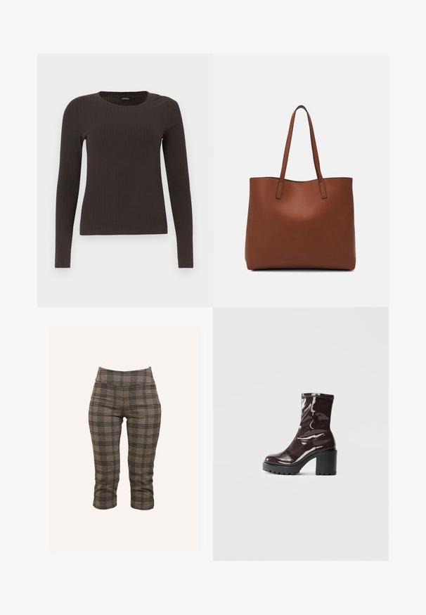 Barna, hosszú ujjú bordázott felső, kerek nyakkivágással. Simább, rugalmas anyagból készült, illeszkedő fazonú és minimális részletezéssel.; Szürke kockás, térd fölé érő nadrág, rugalmas derékkal, testhezálló szabással és texturált anyaggal, fekete és világosabb szürke akcentusokkal.; Fényes bordó bokacsizma vastag fekete sarokkal, sima felülettel és egyszerű dizájnnal. Nincsenek látható zárak vagy minták.; Barna bőr vászontáska sima textúrával, nyitott tetejű dizájnnal és két vállpánttal. Minimális varrással és látható hardver nélkül készült.