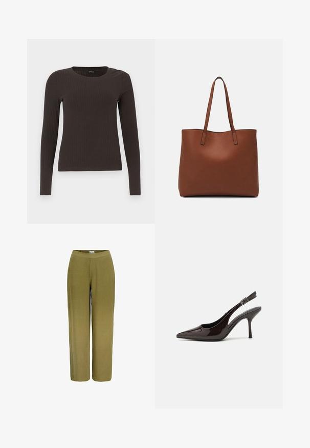 Top marrón de manga larga y con ribete, con cuello redondo. Fabricado con un material suave y elástico, presenta una silueta ajustada y un diseño minimalista.; Pantalones de pierna ancha en verde oliva. Fabricados con una tela texturada y con una cinturilla elástica, cuentan con un acabado suave y sin herrajes visibles.; Zapato de tacón alto tipo slingback en piel sintética brillante de color marrón oscuro, con punta afilada, laterales abiertos y correa ajustable en el tobillo.; Bolso tote de cuero marrón con una textura suave, diseño de apertura superior y dos correas para el hombro. Presenta una costura mínima y sin herrajes visibles.