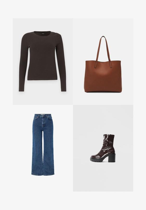 Rudas, su ilgomis rankovėmis, grioveliais dekoruotas viršus su apvaliu iškirpimu. Pagamintas iš lygaus, elastingo audinio, su prigludusia siluetu ir minimaliais akcentais.; Aukštom juosmeniu mėlyni džinsai su plačiomis kojomis, tradicine penkių kišenių konstrukcija, metaliniu mygtuko uždarymu ir kontrastingomis siūlėmis.; Blizgus burgundių spalvos kulknapis su tankiu juodu kulnu, pasižymintis lygiu paviršiumi ir paprastu dizainu. Nėra matomų užsegimų ar raštų.; Ruda odinė priekabų krepšys su glotnia tekstūra, atviru viršumi ir dviem petnešomis. Su minimalia siuvimo detalėmis ir nematoma aparatūra.