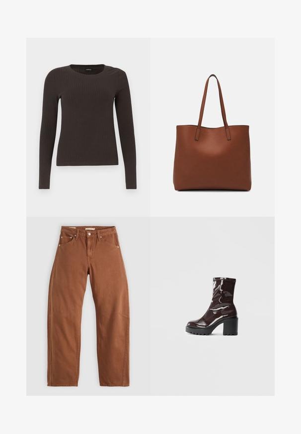 Top castanho de manga longa em malha com decote redondo. Feito de um material suave e elástico, apresentando um silhueta ajustada e detalhes mínimos.; Calças de ganga retas em tom de ferrugem com bolsos frontais e traseiros, rebites metálicos, fecho de botão e passadores de cinto, dispostas em plano sobre um fundo branco.; Bota de tornozelo burgundy brilhante com um salto preto robusto, apresentando uma textura suave e um design simples. Sem fechos ou padrões visíveis.; Bolsa tote de couro castanho com uma textura suave, design de abertura superior e duas alças para o ombro. Apresenta costura mínima e sem hardware visível.