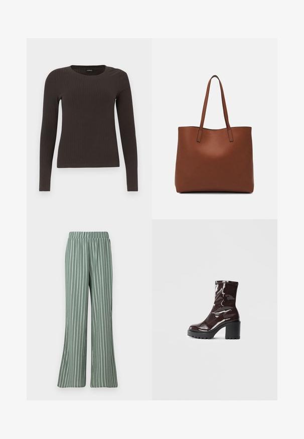 Brown, long-sleeve ribbed top with a crew neckline. Made from a smooth, stretchy material, featuring a fitted silhouette and minimal detailing.; Light green, ribbed fabric pants with white vertical stripes. Features an elastic waistband and a wide-leg design.; Glossy burgundy ankle boot with a chunky black heel, featuring a smooth texture and simple design. No visible fastenings or patterns.; Brown leather tote bag with a smooth texture, open top design, and two shoulder straps. Features minimal stitching and no visible hardware.