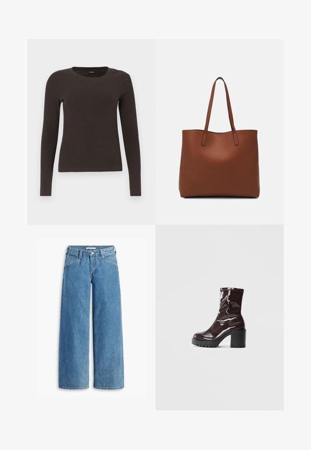 Smeđa, dugokraga, rebrasta majica s dugim rukavima. Izrađena od glatkog, rastezljivog materijala, s prikladnim krojem bez mnogo detalja.; Svijetloplave široke traperice visokog struka, s pet džepova i klasičnom dugmadi. Ravnog kroja od butina do rubova.; Sjajna burgundska čizma do gležnja s debelim crnim potplatom, koja se odlikuje glatkom teksturom i jednostavnim dizajnom. Nema vidljivih kopčanja ili uzoraka.; Smeđa kožna torba preko ramena s glatkom teksturom, otvorenim vrhom i dvjema naramenicama. Ima minimalne šavove i nema vidljivog hardvera.