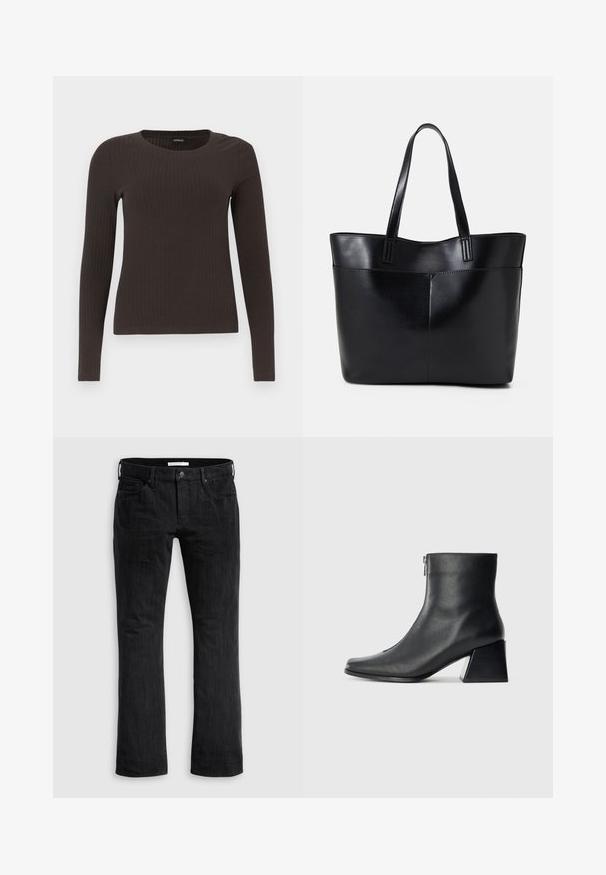 Un haut marron à manches longues en rib avec un col rond. Fabriqué dans un matériau lisse et extensible, il présente une silhouette ajustée et un minimum de détails.; Jeans en denim noir avec une coupe droite, présentant un design classique à cinq poches, une texture verticale subtile et une fermeture à bouton à l'avant.; Bottine en cuir noir avec un bout carré, fermeture éclair sur le côté et talon bloc sur fond clair uni.; Sac fourre-tout en cuir noir avec deux longues poignées, une texture lisse et une forme structurée. Dispose d'une poche avant pour un rangement supplémentaire.