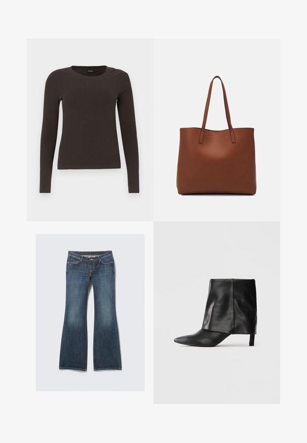 Bruine, lang%C3%A8ve ribgebreide top met een ronde hals. Gemaakt van een soepel, rekbaar materiaal, met een getailleerde pasvorm en minimale details.; Donkerblauwe flared jeans van denim. Heeft een standaard tailleband, voorszakken en subtiele vervagingen bij de knieën. Klassiek vijfzakkenontwerp.; Zwarte leren laars tot halverwege de kuit met een spitse neus, opgevouwen bovenste schacht en slanke lage hak, staand op een witte achtergrond.; Bruine leren tote bag met een gladde textuur, een ontwerp met een open bovenkant en twee schouderbanden. Kenmerkt zich door minimale stiksels en geen zichtbare hardware.