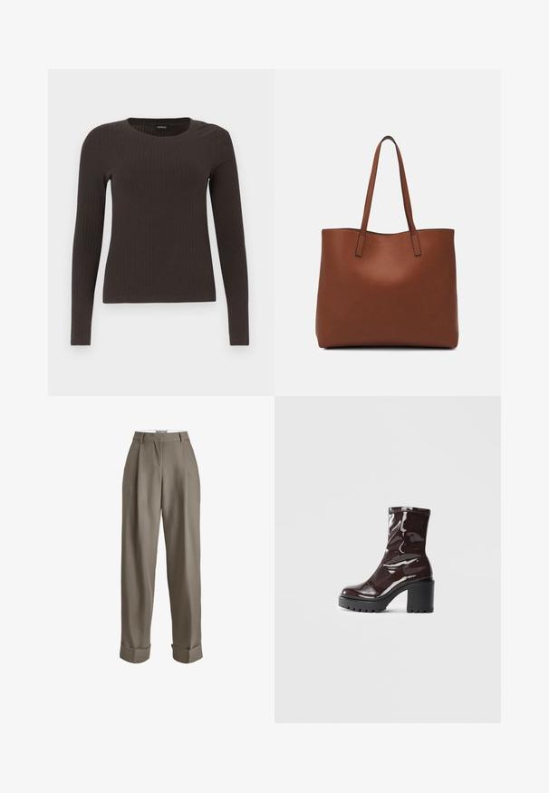 Brūns, garām piedurknēm ribots tops ar apaļu kakla izgriezumu. Izgatavots no gludas, elastīgas materiāla, ar pieguļošu siluetu un minimālu apdari.; Taupe augstās jostas bikses, plašas kājas, ar krokām, ar apgaitēm ap apakšējām malām un gludu auduma tekstūru. Nav redzamu aizdaru.; Spīdīgas bordo potīšu botītes ar masīlu melnu papēdi, kurām ir gluda tekstūra un vienkāršs dizains. Nav redzamu aizdari vai rakstu.; Brūna ādas iepirkumu soma ar gludu tekstūru, atvērta augšdaļa un divas plecu siksnas. Izceļas ar minimālām šuvēm un redzamu aparatūru nav.