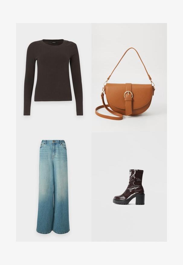 Rjav, dolgosleeve rebrasti zgornji del s krožnim izrezom. Narejen iz gladkega, raztegljivega materiala, z oprijetim silhuetom in minimalnimi detajli.; Svetlo modri široki kavbojki z postopnim bledenjem, s visokim pasom, petimi žepi in gumbom za zapiranje spredaj.; Sijajan škrlatank z bleščečim videzom, z masivnim črnim peto, ki se ponaša z gladko teksturo in preprostim dizajnom. Brez vidnih zapenjal ali vzorcev.; Rjava usnjena torbica prek telesa s ukrivljeno obliko, zlate opreme in sponko. Ima odstranljiv naramni trak.