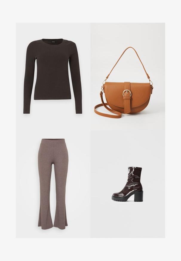 Top castanho de manga longa em malha com decote redondo. Feito de um material suave e elástico, apresentando um silhueta ajustada e detalhes mínimos.; Calças castanhas com pregas e flare, com uma cintura alta e elástica, e uma textura suave, apresentando um padrão vertical subtil por toda a peça.; Bota de tornozelo burgundy brilhante com um salto preto robusto, apresentando uma textura suave e um design simples. Sem fechos ou padrões visíveis.; Bolsa transversal de couro castanho com um formato curvado, ferragens douradas e um detalhe de fivela. Inclui uma alça de ombro destacável.