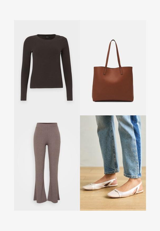 Top castanho de manga longa em malha com decote redondo. Feito de um material suave e elástico, apresentando um silhueta ajustada e detalhes mínimos.; Calças castanhas com pregas e flare, com uma cintura alta e elástica, e uma textura suave, apresentando um padrão vertical subtil por toda a peça.; Sapatilhas slingback de cor rosa pálido com bico fino, feitas de um material semelhante a couro liso. Apresentam detalhes recortados nas laterais e um salto plano.; Bolsa tote de couro castanho com uma textura suave, design de abertura superior e duas alças para o ombro. Apresenta costura mínima e sem hardware visível.
