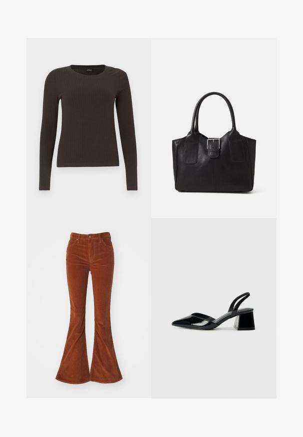 Brown, long-sleeve ribbed top with a crew neckline. Made from a smooth, stretchy material, featuring a fitted silhouette and minimal detailing.; Brown corduroy flared pants with five pockets, front button closure, and textured fabric. Distinctive wide leg design.; Black patent leather slingback heels with a pointed toe and a geometric block heel. Features a sleek, minimal design and smooth texture.; Black leather tote bag with smooth texture, structured shape, two handles, and a prominent silver buckle detail on the front.