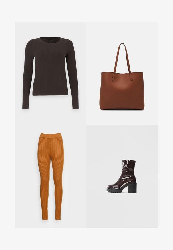 Top castanho de manga longa em malha com decote redondo. Feito de um material suave e elástico, apresentando um silhueta ajustada e detalhes mínimos.; Leggings canalizados numa tonalidade laranja quente, com um cós alto. Feitas de um tecido suave com textura vertical, proporcionando um ajuste confortável.; Bota de tornozelo burgundy brilhante com um salto preto robusto, apresentando uma textura suave e um design simples. Sem fechos ou padrões visíveis.; Bolsa tote de couro castanho com uma textura suave, design de abertura superior e duas alças para o ombro. Apresenta costura mínima e sem hardware visível.