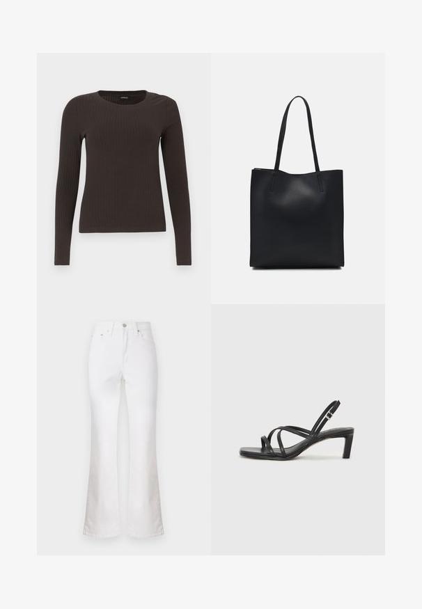 Braunes, langärmliges, geripptes Oberteil mit Rundhalsausschnitt. Hergestellt aus einem glatten, dehnbaren Material, mit einer taillierten Silhouette und minimalen Details.; Weiße, ausgestellte Jeans aus Denim mit hoher Taille, vorn mit Taschen und einem Reißverschluss. Glatte Textur und schlichtes, minimalistisches Design.; Schwarze Sandale mit Riemchen, quadratischer Zehenform und niedrigem Blockabsatz. Verfügt über mehrere dünne Riemen und einen verstellbaren Knöchelriemen. Hergestellt aus glattem Leder.; Schwarze Laptoptasche aus Leder mit glatter Textur, rechteckiger Form und zwei langen Griffen. Keine sichtbaren Beschläge oder Verzierungen.