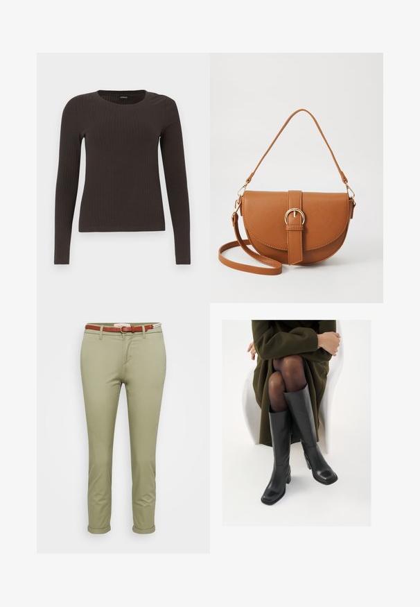 Barna, hosszú ujjú bordázott felső, kerek nyakkivágással. Simább, rugalmas anyagból készült, illeszkedő fazonú és minimális részletezéssel.; Világoszöld pamut chino nadrág, felhajtott szárral, barna övvel, kerek csattal és hátsó derékcímkével.; Térdfelett érő fekete bőr csizmák négyzet alakú orral és tömbtalppal, olajzöld kabátban ülő modellel bemutatva. Simaság, minimalista részletezés.; Barna bőr keresztbody táska ívelt formával, aranyszínű fémrészekkel és csat díszítéssel. Levehető vállpánttal rendelkezik.