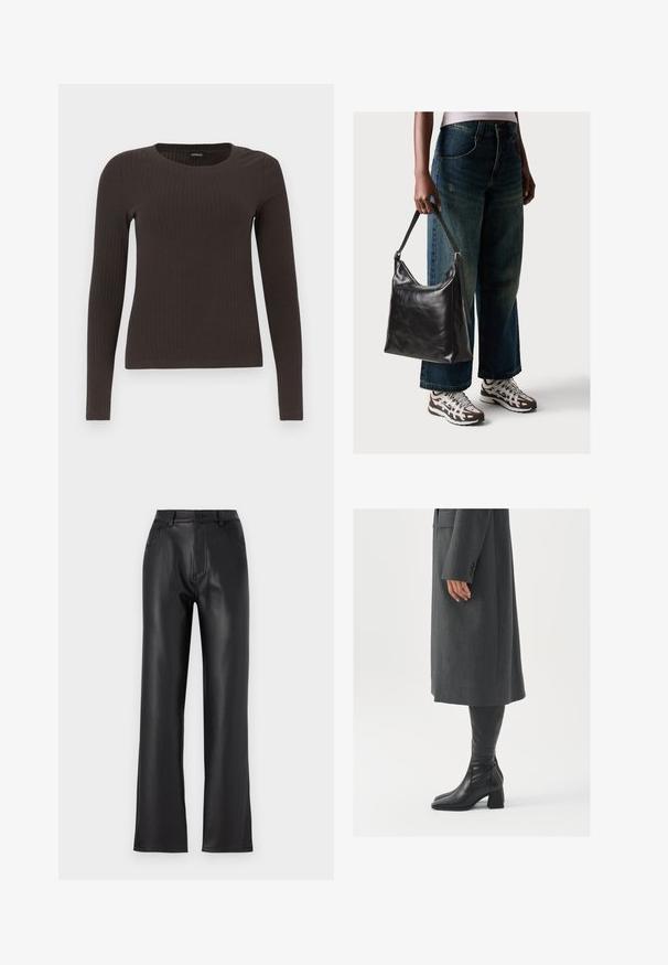 Barna, hosszú ujjú bordázott felső, kerek nyakkivágással. Simább, rugalmas anyagból készült, illeszkedő fazonú és minimális részletezéssel.; Fekete műbőr nadrág egyenes lábujj kialakítással, elülső zsebekkel, cipzárral és gombos záródással. Simaság jellemzi.; Szürke, szabott overál, egyenes vonallal; térd fölé érő fekete bőrcsizmákkal párosítva, négyzetes orral és vastag sarokkal.; Fekete bőr válltáska sima textúrával és állítható pánttal, melyet elnyűtt, bő szárú farmernadrággal és sportcipőkkel párosítottak.