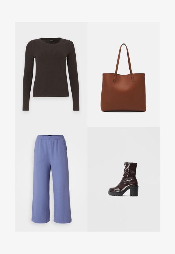 Brun, langermet ribbestrikket topp med rund hals. Laget av et glatt, elastisk materiale, med en tettsittende silhuett og minimalt med detaljer.; Lyse lilla vide bukser med elastisk talje og struktureret stof. Har en afslappet pasform uden synlige lommer eller pynt.; Glinsende burgunder ankelstøvel med en kraftig svart hæl, med en glatt tekstur og enkelt design. Ingen synlige lukkinger eller mønstre.; Brun lær tote veske med en jevn tekstur, åpen toppdesign og to skulderstropper. Har minimal søm og ingen synlige spiker.