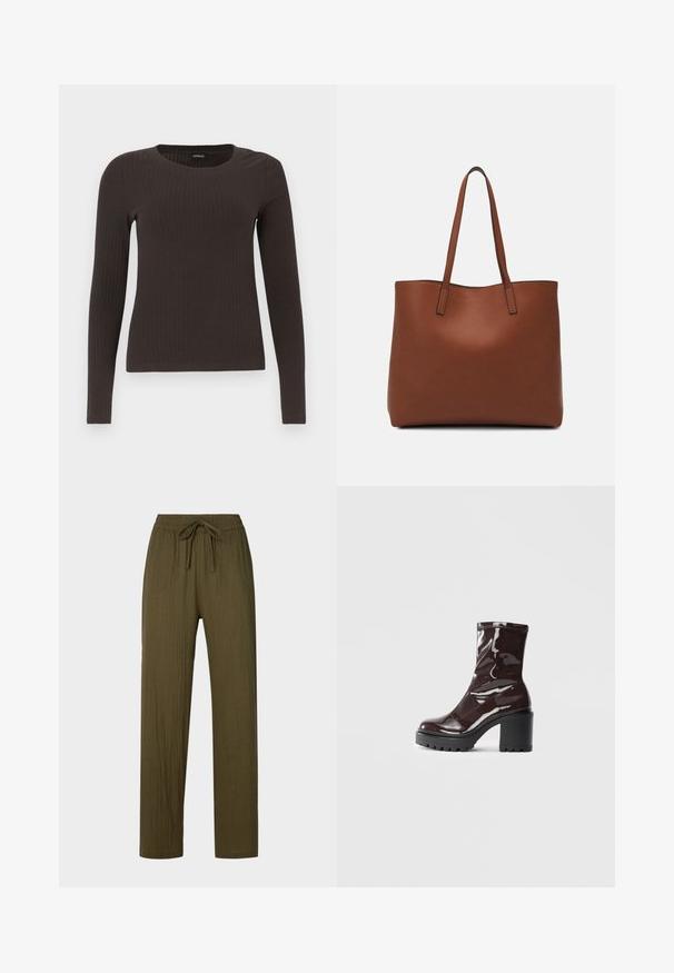Top marrón de manga larga y con ribete, con cuello redondo. Fabricado con un material suave y elástico, presenta una silueta ajustada y un diseño minimalista.; Pantalones ligeros de color verde oliva, con pliegues, cintura con cuerda y diseño de pierna recta. El material tiene un acabado suave y texturizado.; Botín burdeos brillante hasta el tobillo con un tacón negro grueso, que presenta una textura suave y un diseño sencillo. Sin cierres ni patrones visibles.; Bolso tote de cuero marrón con una textura suave, diseño de apertura superior y dos correas para el hombro. Presenta una costura mínima y sin herrajes visibles.