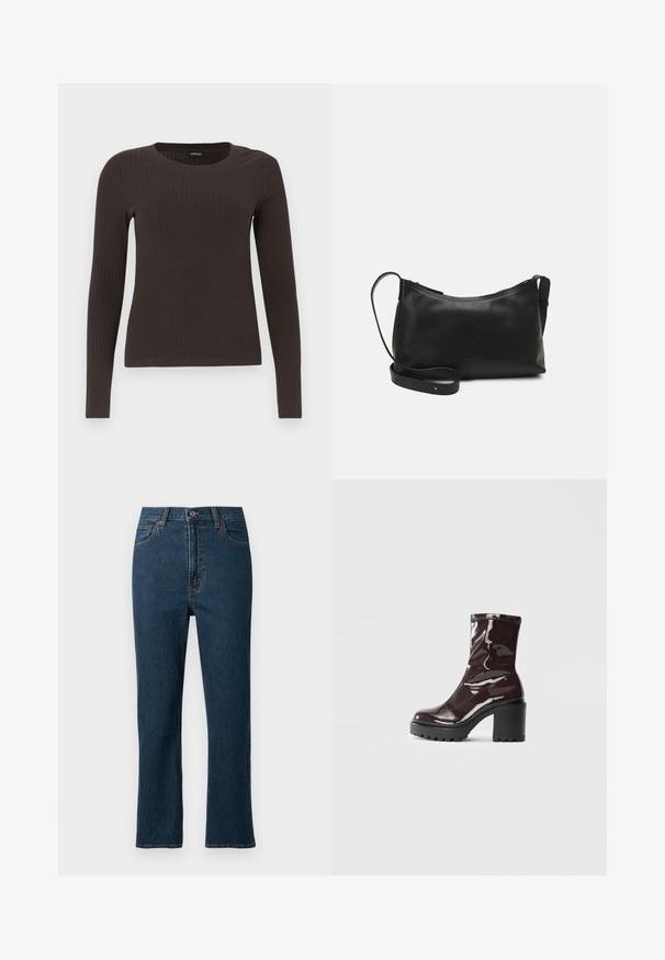 Smeđa, dugokraga, rebrasta majica s dugim rukavima. Izrađena od glatkog, rastezljivog materijala, s prikladnim krojem bez mnogo detalja.; Tamno plave traperice ravnog kroja, sa zatvaranjem na dugme, pet džepova i kontrastnim šavovima. Glatka tekstura.; Sjajna burgundska čizma do gležnja s debelim crnim potplatom, koja se odlikuje glatkom teksturom i jednostavnim dizajnom. Nema vidljivih kopčanja ili uzoraka.; Crna kožna torba na rame s glatkom teksturom, zakrivljenim oblikom, podesivim remenom i zatvaranjem na patentni zatvarač. Minimalistički dizajn bez ukrasa.