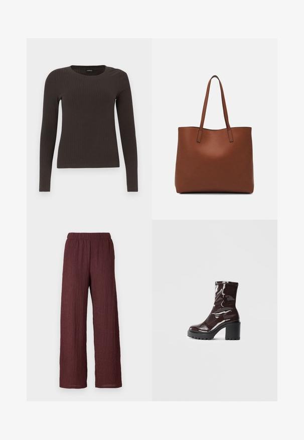 Pruun, pikkade varrukatega ribaga särk, millel on ümar kaelus. Valmistatud siledast, venivast materjalist, omades formatiivset siluetti ja minimaalset dekoratiivsust.; Burgundia laiad püksid karedast, kortsus kangast. Omavad painduva vöökohta ning ulatuvad sirgelt pahkluuni.; Klakav läikiv burgundi värvi pahkluu saabas, millel on paks must konts, sile tekstuur ja lihtne disain. Nähtavad kinnitused või mustrid puuduvad.; Pruun nahast tote-kott, millel on sile tekstuur, avatud ülaosa disain ja kaks õlarihma. Omab minimaalset õmblust ja nähtavat riistvara ei ole.