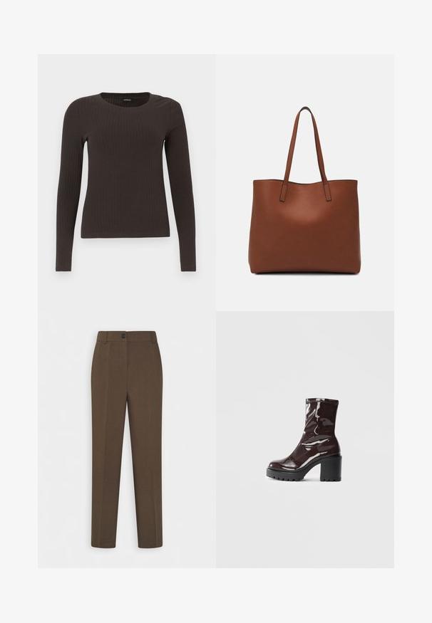Top marrone a maniche lunghe con scollo rotondo. Realizzato in un materiale liscio e elasticizzato, presenta una silhouette aderente e dettagli minimi.; Pantaloni marroni a gamba dritta con passanti per cintura e chiusura anteriore a un bottone, esposti su uno sfondo bianco.; Stivale alla caviglia bordeaux lucido con un tacco spesso nero, caratterizzato da una superficie liscia e un design semplice. Nessuna chiusura visibile o motivo.; Borsa tote in pelle marrone con texture liscia, design con apertura superiore e due spallacci. Presenta cuciture minime e nessun hardware visibile.