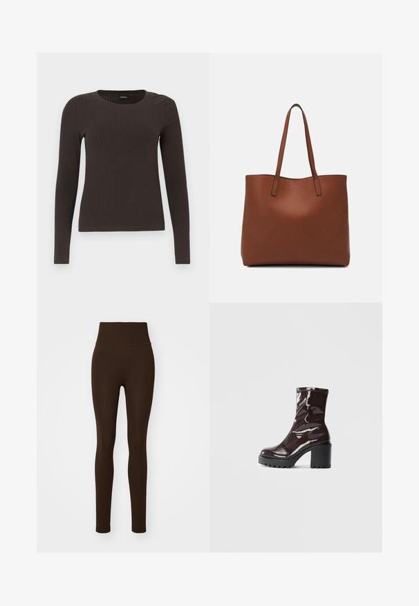 Hnedý, dlhý rukáv, rebrovaný top s okrúhlym výstrihom. Vyrobený z hladkého, elastického materiálu, s priliehavým strihom a minimálnym zdobením.; Puma SHAPELUXE SEAMLESS - Legíny - espresso brown; Lesklé burgundské kotníkové boty s robustním černým podpatkem, s hladkou strukturou a jednoduchým designem. Bez viditelných zapínání nebo vzorů.; Hnedá kožená taška na rameno s hladkou textúrou, otvoreným vrchom a dvoma ramenými popruhmi. Má minimálne šitia a žiadne viditeľné kovania.
