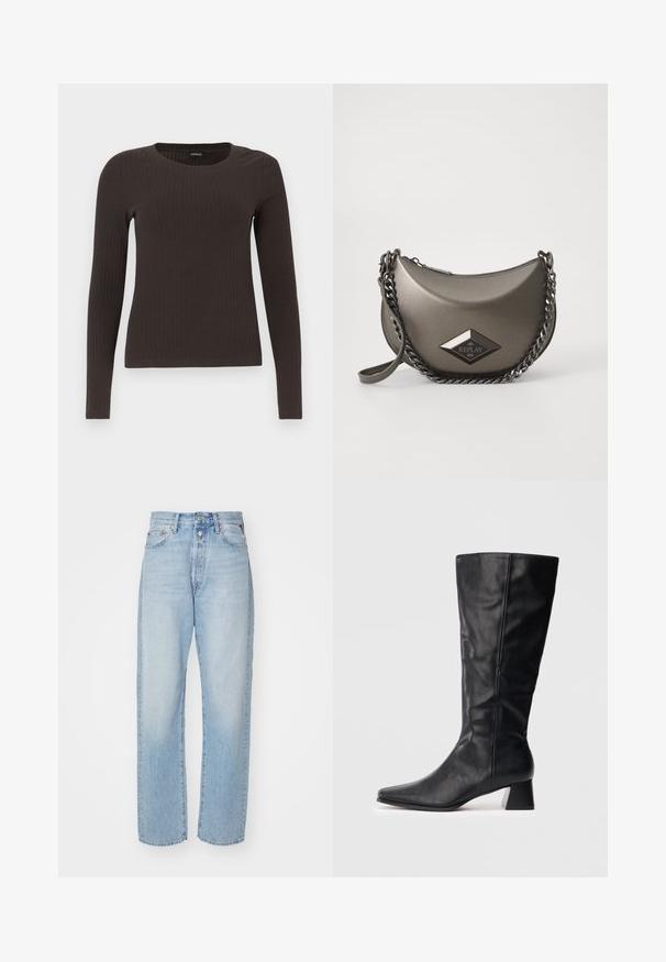 Smeđa, dugokraga, rebrasta majica s dugim rukavima. Izrađena od glatkog, rastezljivog materijala, s prikladnim krojem bez mnogo detalja.; Svijetloplave traperice ravnog kroja, izrađene od denima, s visokim strukom, dizajnom od pet džepova i zakopčavanjem na gumb.; Crne kožne čizme do sredine lista s šiljastim vrhom i blok petom na jednostavnoj svijetloj pozadini.; Metalna siva torba preko tijela u obliku polumjeseca, sa lancem za nošenje i dijamantnim logom. Glatka površina i zatvaranje na zatvarač.