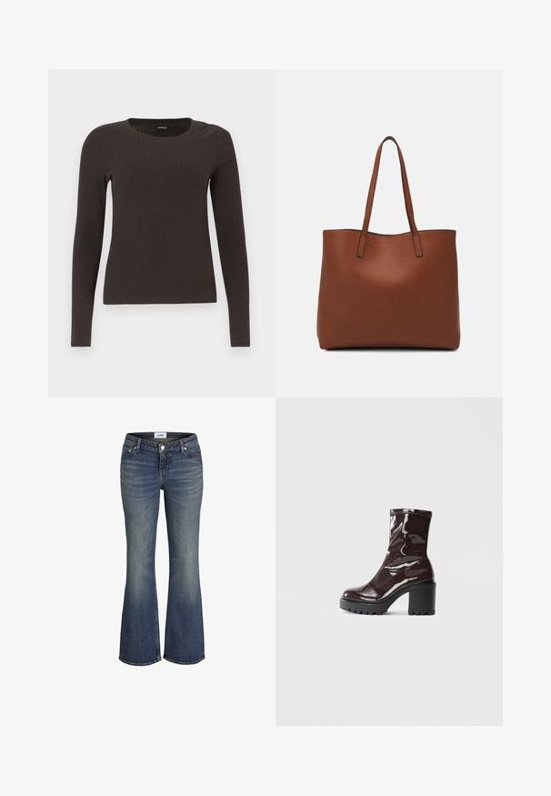 Pruun, pikkade varrukatega ribaga särk, millel on ümar kaelus. Valmistatud siledast, venivast materjalist, omades formatiivset siluetti ja minimaalset dekoratiivsust.; Sinine denimpüksid, millel on kergelt pleekinud kohad reite ja põlvede ümber, ees nööp ja lukuga, ning bootcut sääred.; Klakav läikiv burgundi värvi pahkluu saabas, millel on paks must konts, sile tekstuur ja lihtne disain. Nähtavad kinnitused või mustrid puuduvad.; Pruun nahast tote-kott, millel on sile tekstuur, avatud ülaosa disain ja kaks õlarihma. Omab minimaalset õmblust ja nähtavat riistvara ei ole.