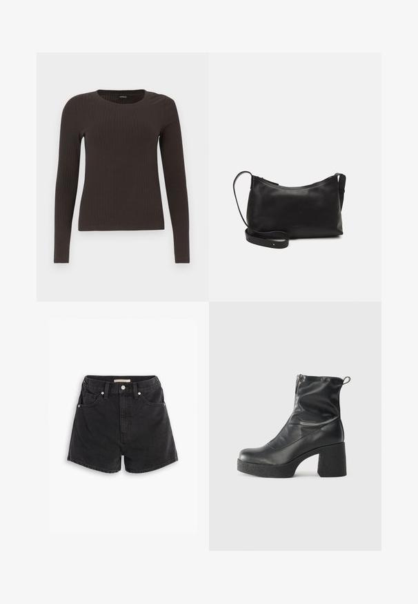 Top castanho de manga longa em malha com decote redondo. Feito de um material suave e elástico, apresentando um silhueta ajustada e detalhes mínimos.; Shorts de ganga pretos com cintura alta, apresentando dois bolsos frontais, dois bolsos traseiros e ferragens em tom prateado. Textura lisa e ligeiramente desbotada.; Botas de tornozelo pretas feitas de couro liso, com fecho lateral, salto grosso texturizado e design de bico arredondado.; Bolsa de ombro em pele preta com textura suave, forma curva, alça ajustável e fecho com zip. Design minimalista sem adornos.