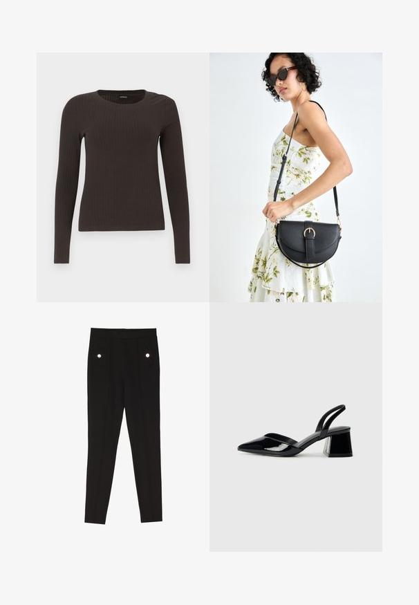 Brun långärmad ribbad topp med rundad halsringning. Tillverkad av ett mjukt, elastiskt material, med en figurnära silhuett och minimala detaljer.; Svarta skräddarsydda byxor med en slät textur, som har två framfickor med dekorativa beslag, och en slim-fit design.; Svarta lackläder slingback klackar med spetsig tå och geometrisk klack. Har en elegant, minimalistisk design och slät yta.; Svart läderhandväska med en böjd form, avtagbar rem och guldiga detaljer. Väskan har ett lock med en spänndetalj.